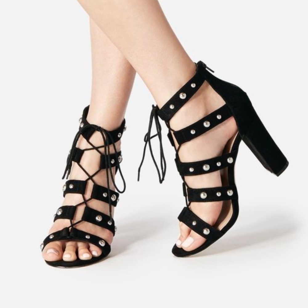 JustFab Brayden Black Strappy Lace Up Heels Size 8
